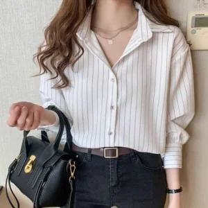 여성 오버핏 스트라이프 셔츠 베이직 데일리 루즈 블