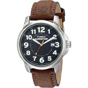 Timex 남성용 익스페디션 메탈 필드 브라운 가죽 스트랩 시계