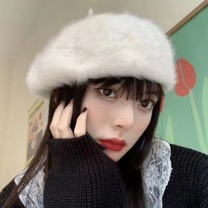 빵모자 솔리드 컬러 푹신한 플러시 겨울 모자 여성용 플랫 청소년 아티스트 프렌치 앙고라 모