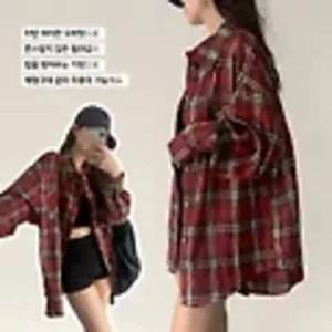 *Deep Red 1color* 로즈 버건디 루즈핏 체크 남방 셔츠 오버핏 봄 가을 겨울 간절기 레이어드 HI-5267