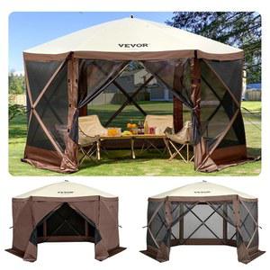 VEVOR 12 * 12피트 6인치 측면 팝업 캐노피 쉘터 텐트, 메시 윈도우, 휴대용 가방, 스테이킹, 야외 캠핑용 대형 그늘막 잔디밭 및 뒷마당, 브라운/베이지