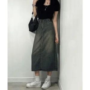 여성 데님 워싱 롱 청 스커트 뒷트임 청치마 Y2K A라인 긴 치마 하이웨스트 청롱치마
