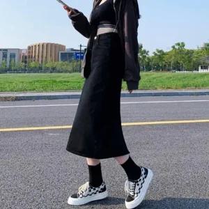 [오노마] ONM 심플 블랙진스커트 흑청치마 롱데님 데일리 스커트