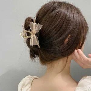 올림 머리 큐빅 삔 반 묶음 리본 헤어 집게 핀 골드