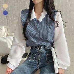 조끼 블라우스 레이어드 페이크 카라 긴팔티셔츠