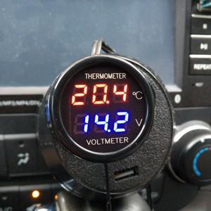 디지털 자동차 온도계 전압계, 2 in 1, 12V, 24V 전압 감지기, 레드 블루 LED 모니터