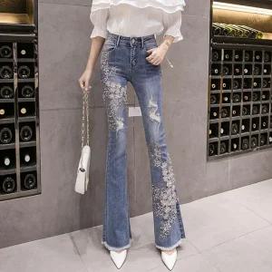 [ME9877RN_58]진주꽃 반나팔 스판 데님 청 바지