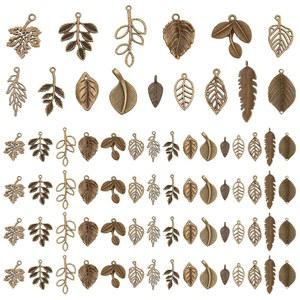 PH 팬더홀 150pcs 15 스타일 나무 잎 참 펜던트, 티베트 가지 금속 합금 구슬 앤티크 브론즈 당글 봄 귀걸이 팔찌 목걸이 케이체인 주얼리 제작