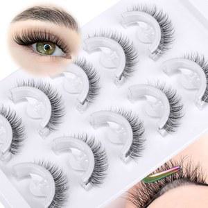 내추럴 셀프 접착 속눈썹 캣 아이 룩 위스피 클리어 밴드 재사용 가능한 8-10mm 숏 프리 속눈썹, 제게인의 5켤레에 접착제 필요 없음 자연스러운 스틱 부착