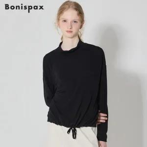 Bonispax)] 하이넥 밑단 셔링 솔리드 티셔츠  택가격  69000원)