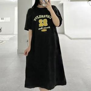 캐주얼 레터링 오버핏 반팔 롱 원피스 데일리룩