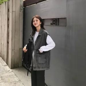 [오노마] ONM 여성 블랙데님 루즈핏 청조끼 블랙진 청자켓  41585147)