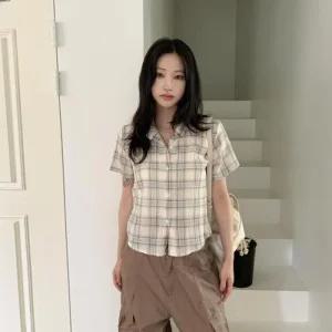 여자 클래식 면 스판 체크 쿨링 반팔 셔츠 남방_3