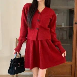 [다잇템] 여자 미니스커트 빨간 울 카디건 FW 탱크 스웨터 세트_18930338_588872