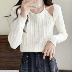 여자 봄 룩 나들이 홀터넥 꽈배기 니트