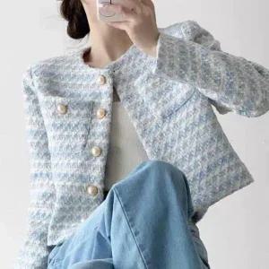 [하프클럽/]여자 하객룩 라이트블루 진주단추 노카라 트위드 자켓