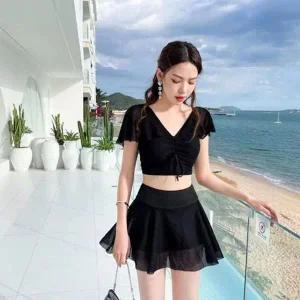 [하프클럽/]은창)날개 프론트 셔링 2피스 비키니 수영복 모노키니