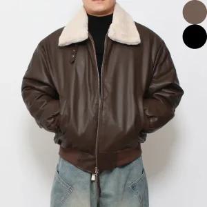 남자 숏 하이넥 양털 레더 크롭 무스탕 자켓 패팅