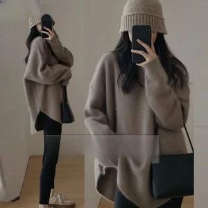 여성용 양모 니트 중장기장 가을 겨울용 프렌치 스타일 3XL 4XL 5XL 빅사이즈여성옷