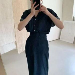 셔츠 데님 투피스 세트업 데일리룩 모던 롱스커트