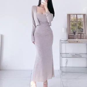 [다잇템] 여자 롱원피스 부드러운 셋업 카디건 슬림 여신핏 세트_19106612_588872