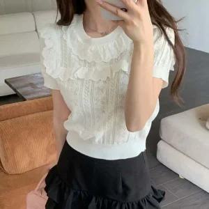 여자 프릴넥 여름 트렌드 니트 반팔 데일리 데일리 일