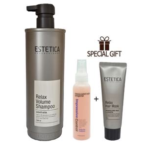 에스테티카 릴렉스 볼륨 샴푸/미용실 대용량 1500ml+릴렉스 헤어마스크 휴대용 100ml+케라틴 스프레이형 컨디셔너 투페이스 100ml
