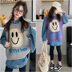 [삐삐네옷가게]여아 주니어 스마일 데님셔츠 조끼 세트