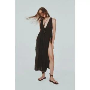 [정품] 자라 원피스 미니 미디원피스 데일리 ZARA 스트라이프 롱 베스트 - 다크 브라운