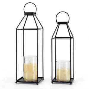 [미국배송] 랜턴 장식 야외 2PCS 거실 블랙 메탈 앞 현관 LED 양초 실내 야외용 유리 없음 (소형 및 대형 2PCS)