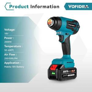 YOFIDRA 2000W 무선 열풍기, 3개 노즐 포함, 마키타 18V 배터리 핀용 산업용/가정용 드라이어
