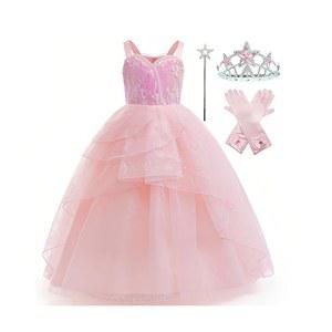 소녀들을 위한 제펜키 글린다 코스튬 드레스 굿 위치 할로윈 코스프레 의상, 왕관 마법 지팡이와 장갑 포함 4-14Y