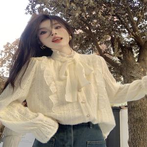 하이넥 리본 끈 레이스 긴팔 셔츠 블라우스 ,