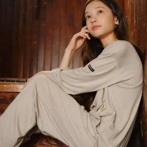 마밤 MSMV 피치기모 아동 주니어 잠옷 초등학생 파자마 내의 실내복 세트 라운드문빔베이지