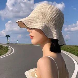[콩심팥심]물결 레이스 투톤 배색 라인 버킷햇 디자인 여자 선캡 서핑햇