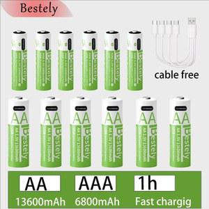 충전식 리튬 배터리 세트 1.5V AA 13600mAh 및 AAA 6800mAh, USB-C 고속 충전 이온 기술 2000 사이클 케이블