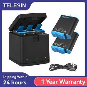 TELESIN 1220mAh 3팩 배터리 슬롯 LED 라이트 충전기 보관함 GoPro Hero 5 6 7 8 블랙 카메라용 유형 C 케