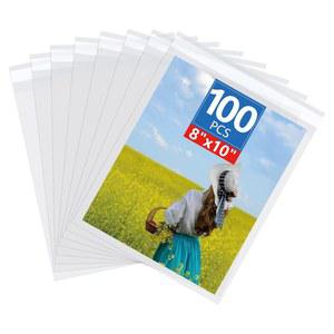 100 카운트 무산 투명 비닐봉투, 보관용 셀프 씰 크리스탈 봉투, 포토 슬리브, 아트 프린트, 프레임 매트, 인사말 카드, 리셀링 가능한 셀로판 봉투 - 8인치 x 10인치