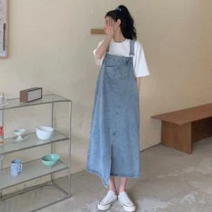 데님 멜빵 롱 원피스 청치마 오버롤 캐쥬얼원피스