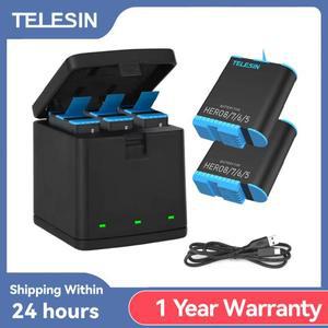 TELESIN 1220mAh 3팩 배터리 슬롯 LED 라이트 충전기 보관함 GoPro Hero 5 6 7 8 블랙 카메라용 유형 C 케