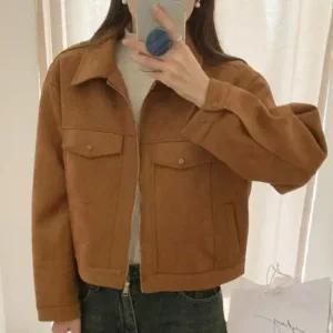 여성 힙무드 스웨이드 카라 크롭 집업 자켓
