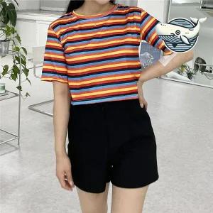 여름 캐주얼 스트라이프 반팔 크롭 티셔츠 경량