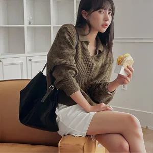 핫핑 [교복니트/여리핏] 카리올 트임카라 와플 긴팔니트티