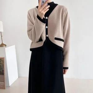 [다잇템] 여자 카디건 롱원피스 콘트라스트 겨울연말원피스 하이넥 세트_19397985_588872