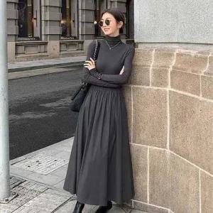 여자 해외 여행 반목 긴팔 슬림핏 플레어 롱 원피스