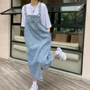 여성 데님 멜빵 롱 원피스 캐주얼 데일리룩