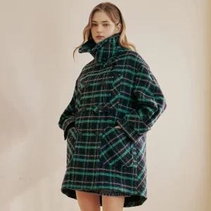 [MAXZA] 컬러 체크 부클 더블 브레스티드 하프코트