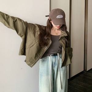 여성 오버핏 카라 숏 야상집업 카키 숏자켓 야상자켓