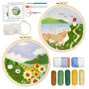초보자용 지포니 자수 키트, 펀치 니들 모든 도구와 재료 포함, 따라가기 쉬운 설명서 및 동영상(풍경)