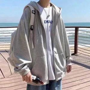 여행 나들이 룩 오버 루즈 핏 회색 후드 집업 베이직 후두집업트레이닝복 봄잠바오버핏후드집업
